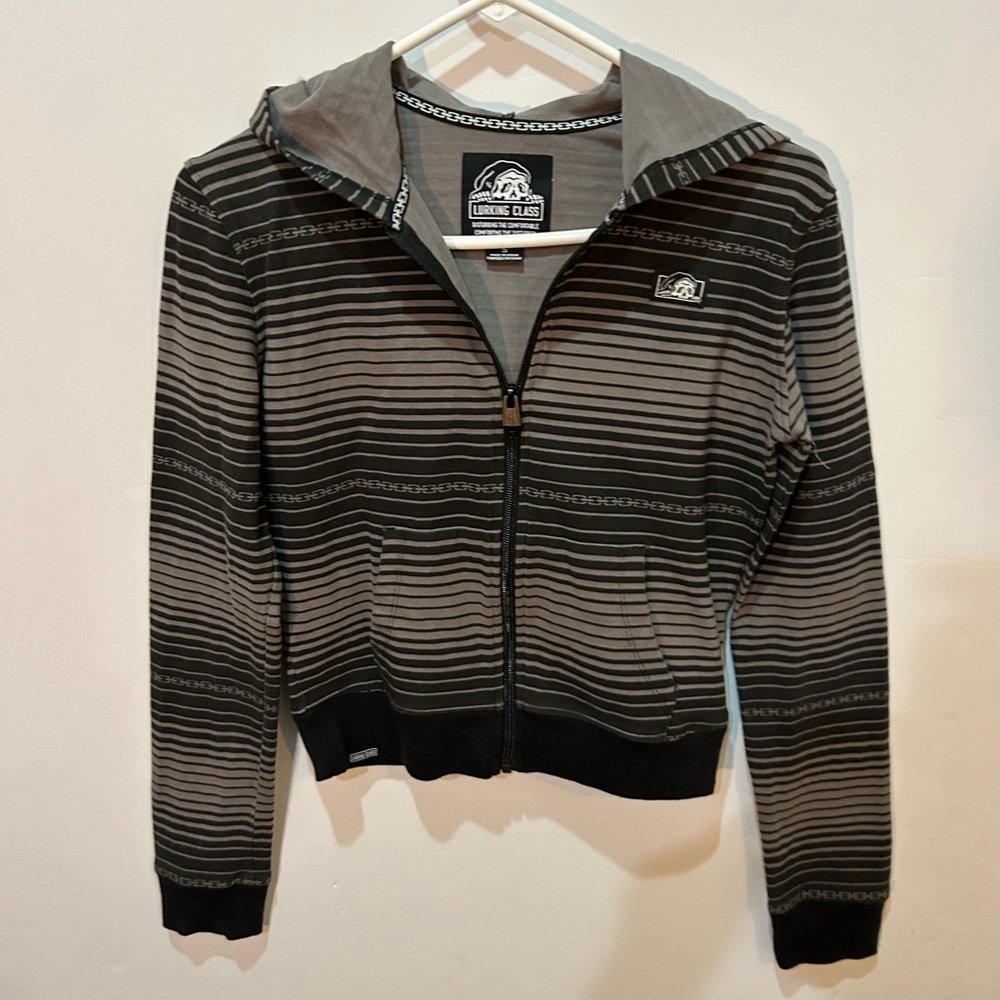 Lurking Class Women’s Black and Gray Striped Zip Up Hoodie Small
